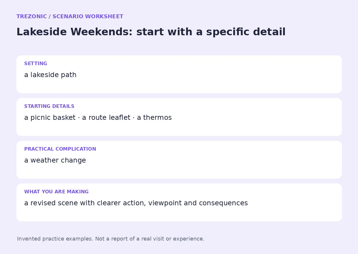 Practice worksheet for Lakeside Weekends: setting, starting details, complication and goal