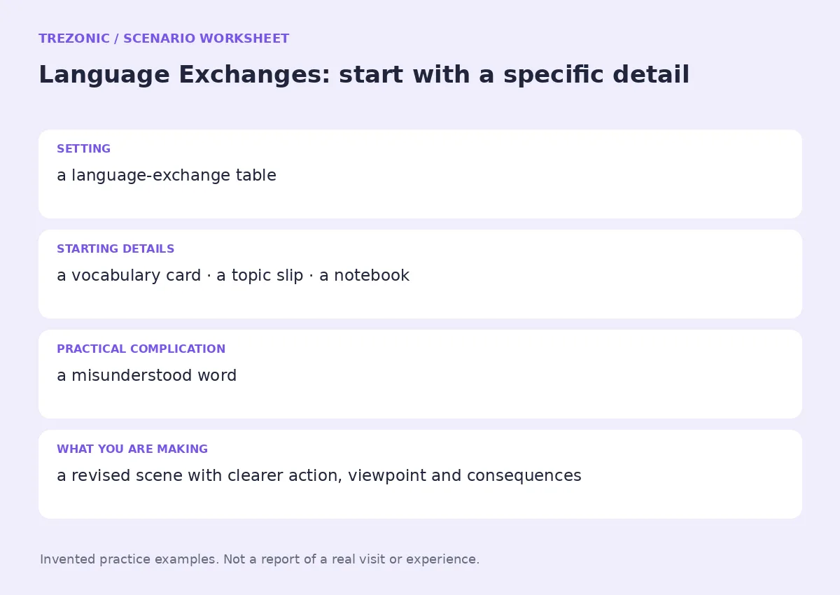 Practice worksheet for Language Exchanges: setting, starting details, complication and goal