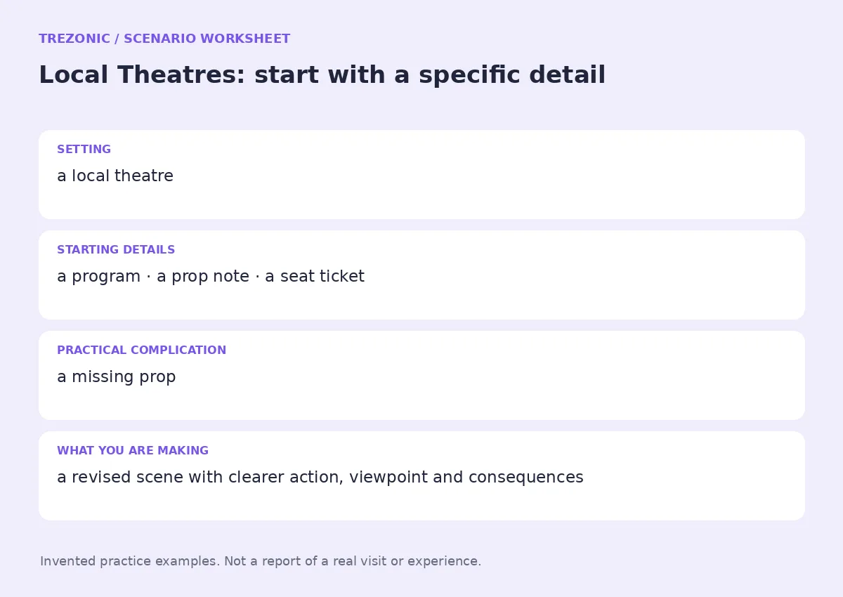 Practice worksheet for Local Theatres: setting, starting details, complication and goal