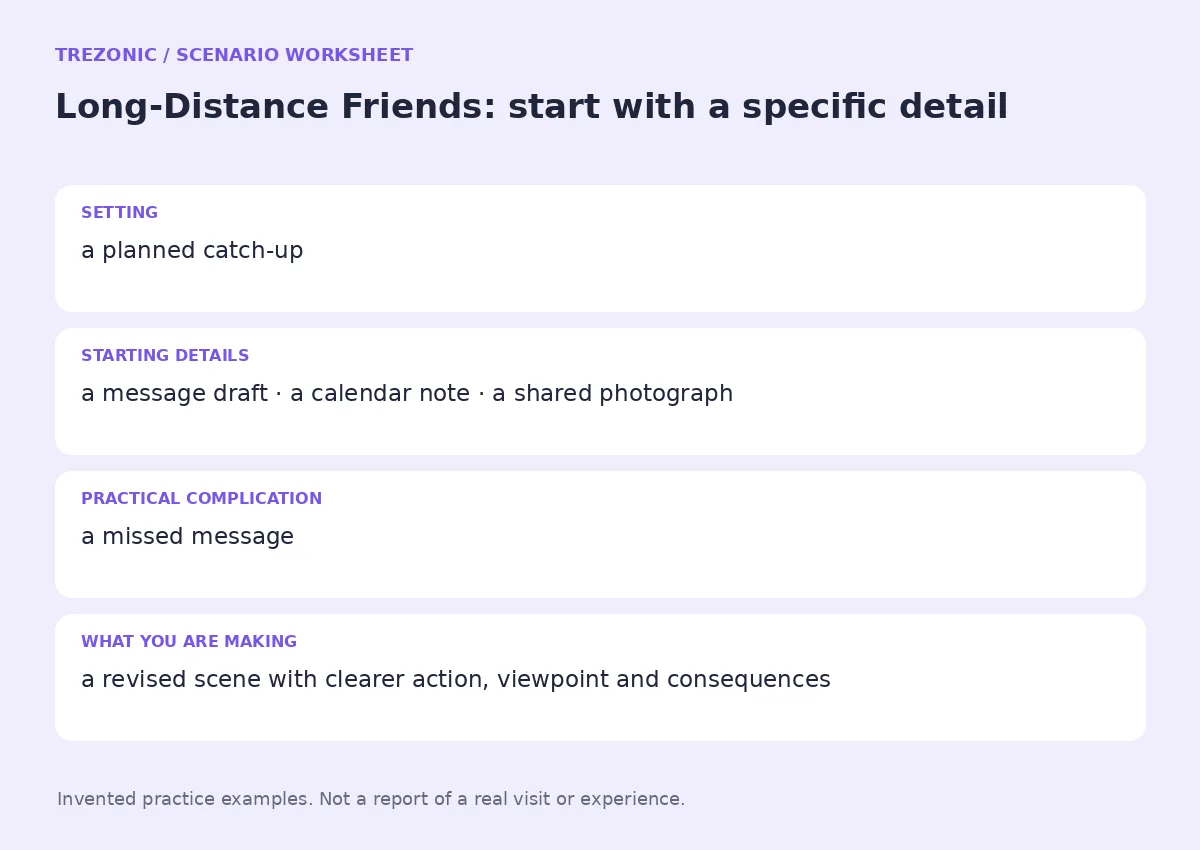 Practice worksheet for Long-Distance Friends: setting, starting details, complication and goal