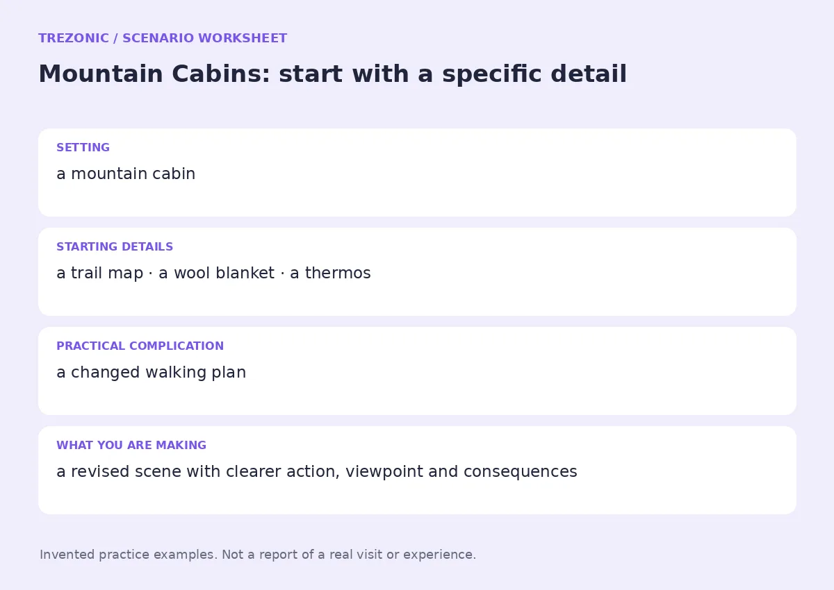 Practice worksheet for Mountain Cabins: setting, starting details, complication and goal