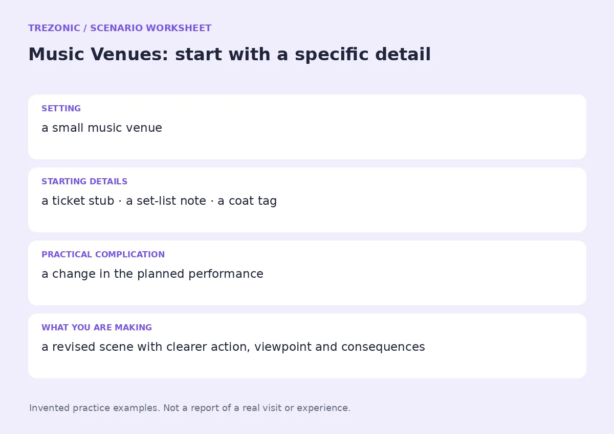 Practice worksheet for Music Venues: setting, starting details, complication and goal