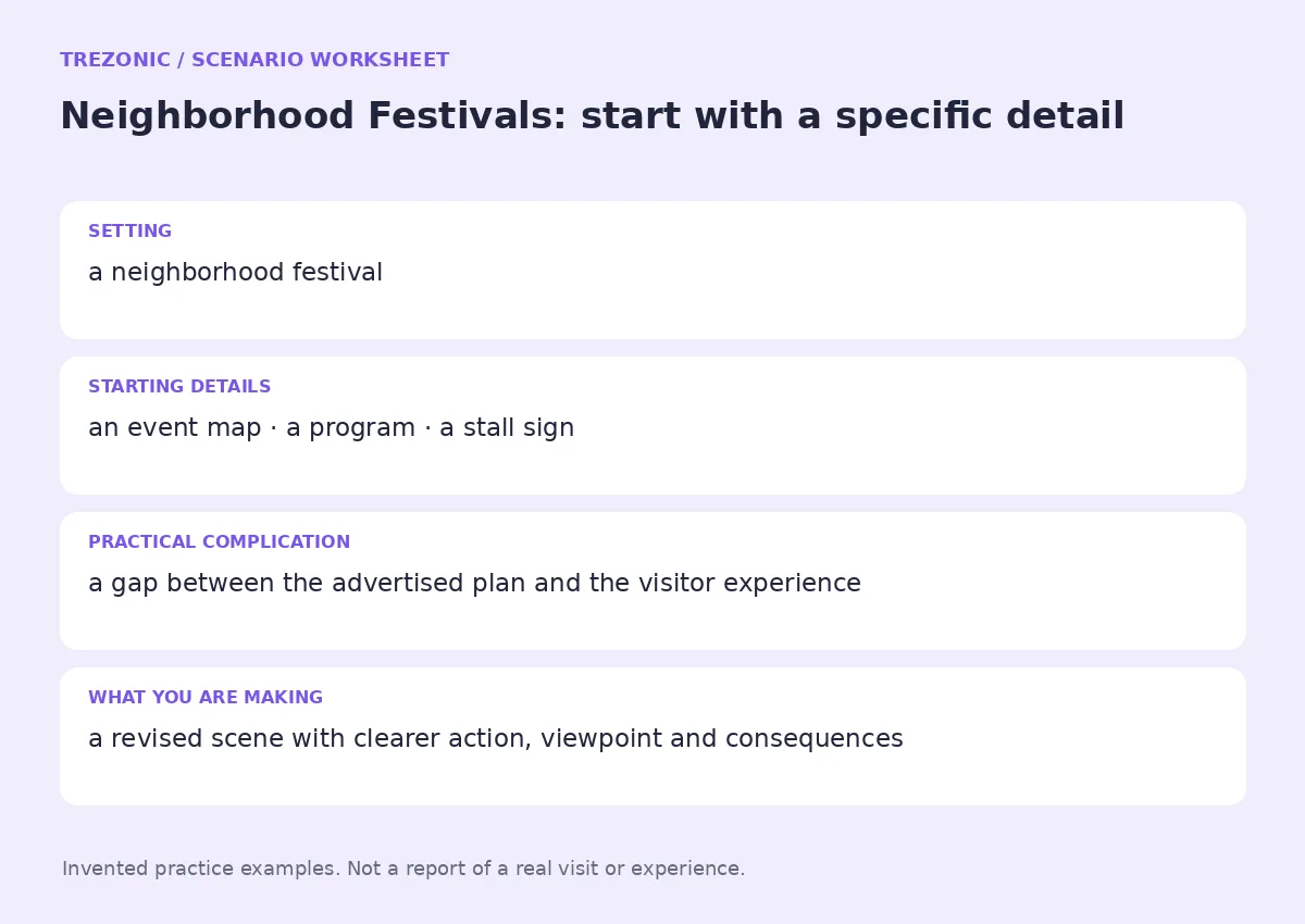 Practice worksheet for Neighborhood Festivals: setting, starting details, complication and goal