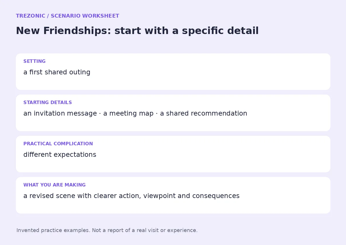 Practice worksheet for New Friendships: setting, starting details, complication and goal