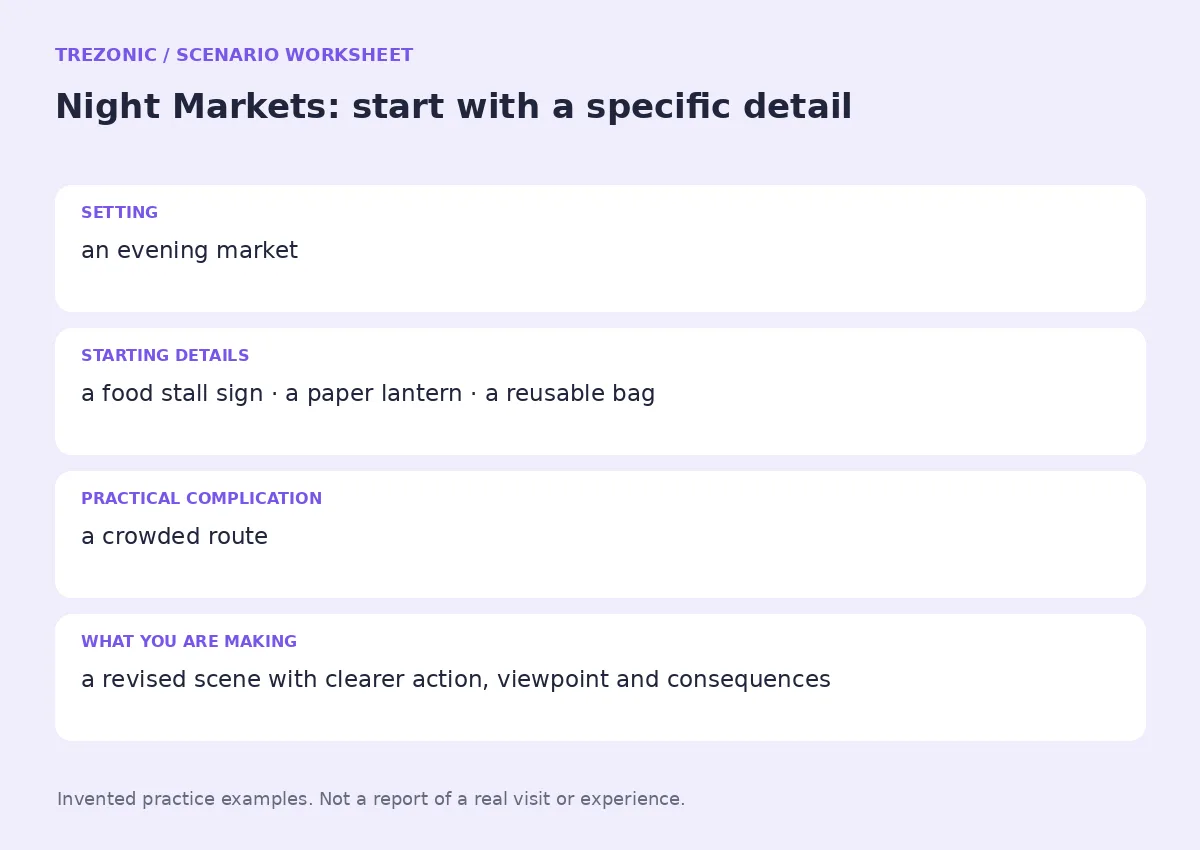 Practice worksheet for Night Markets: setting, starting details, complication and goal