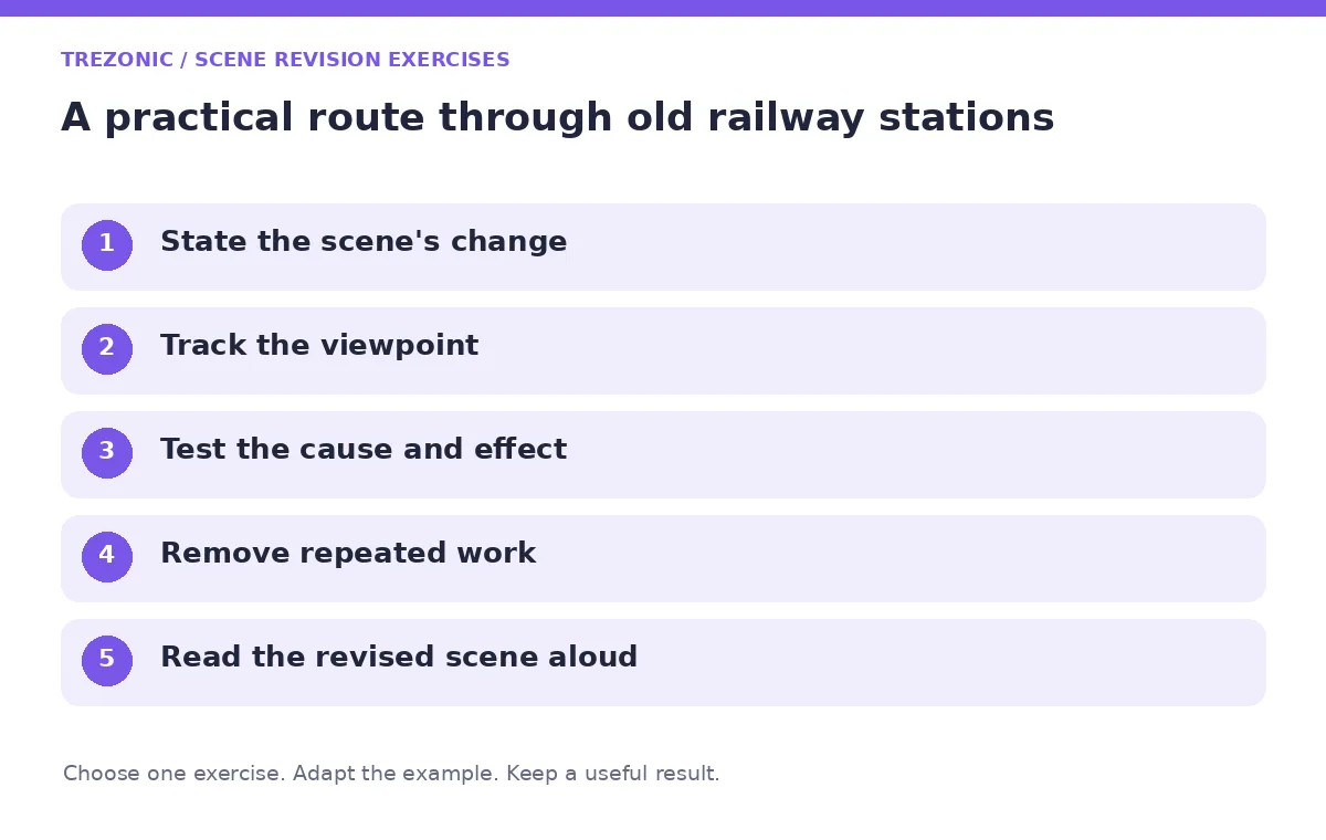 Five steps for scene revision exercises about old railway stations