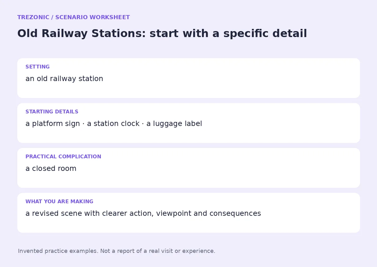Practice worksheet for Old Railway Stations: setting, starting details, complication and goal