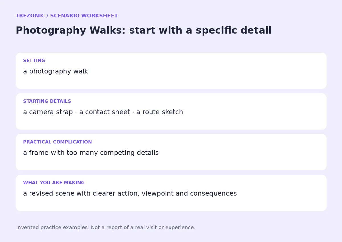 Practice worksheet for Photography Walks: setting, starting details, complication and goal