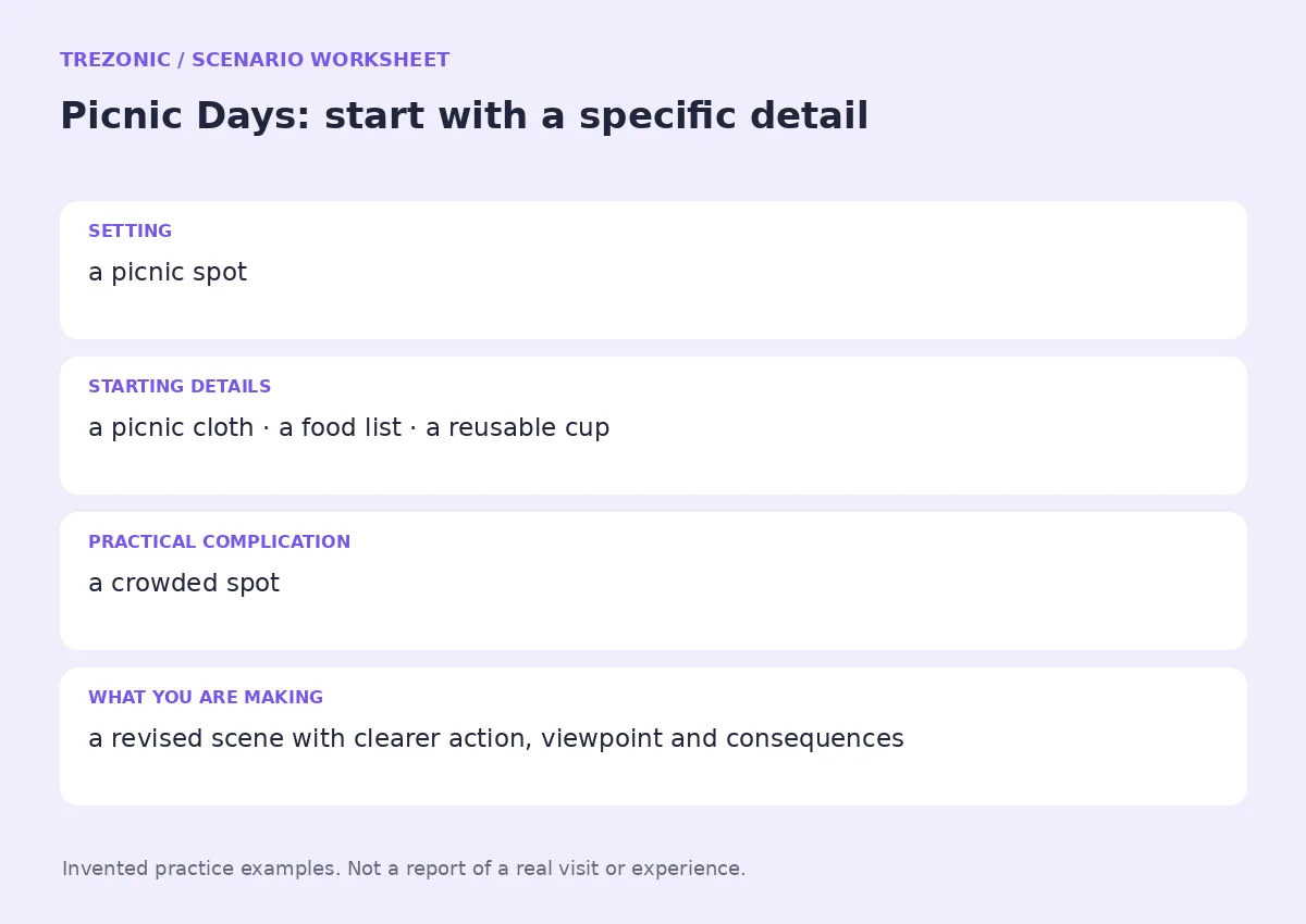Practice worksheet for Picnic Days: setting, starting details, complication and goal