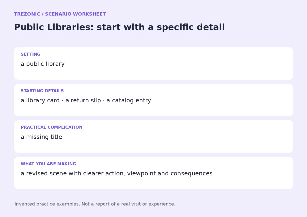 Practice worksheet for Public Libraries: setting, starting details, complication and goal