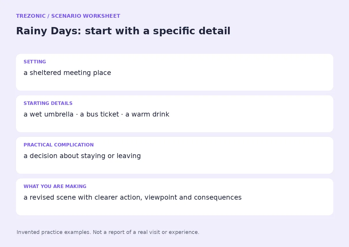 Practice worksheet for Rainy Days: setting, starting details, complication and goal