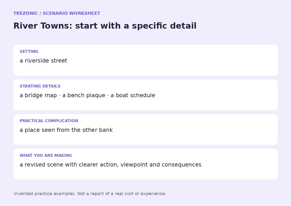 Practice worksheet for River Towns: setting, starting details, complication and goal