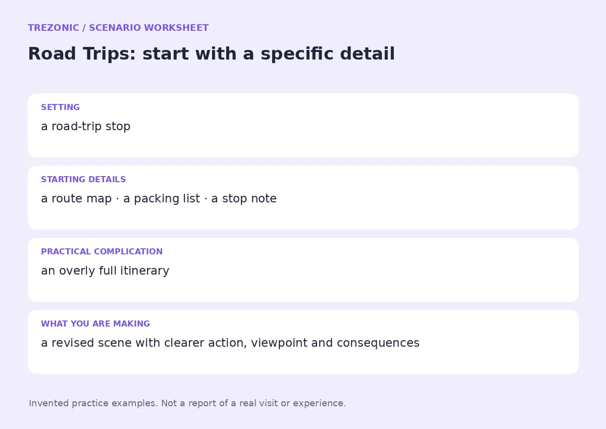 Practice worksheet for Road Trips: setting, starting details, complication and goal