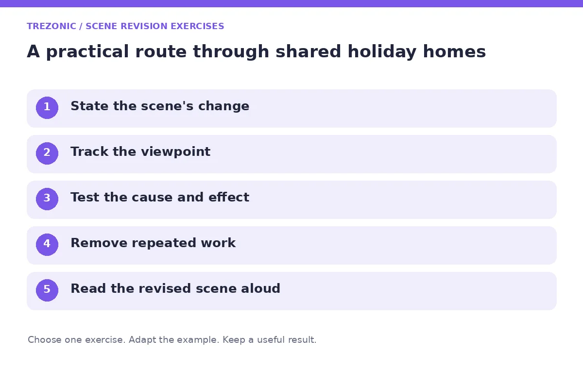 Five steps for scene revision exercises about shared holiday homes