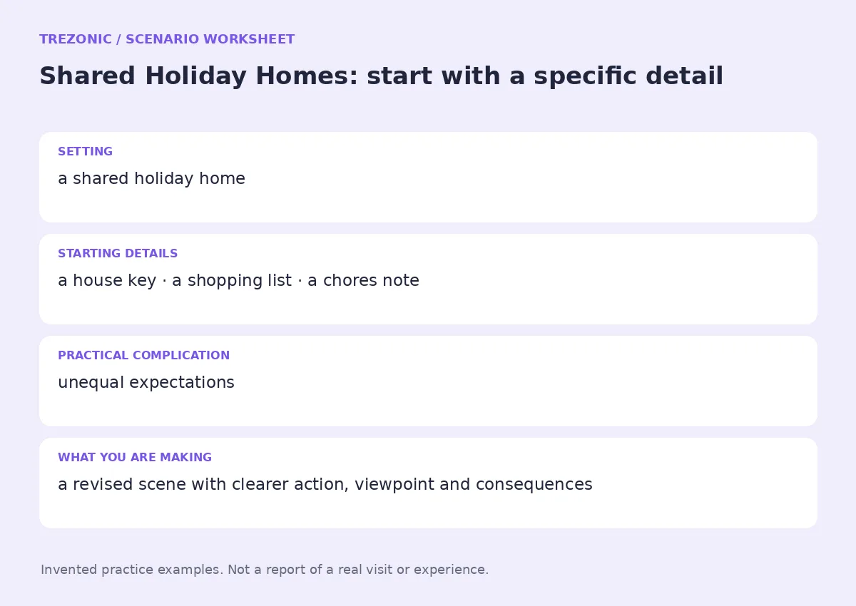 Practice worksheet for Shared Holiday Homes: setting, starting details, complication and goal