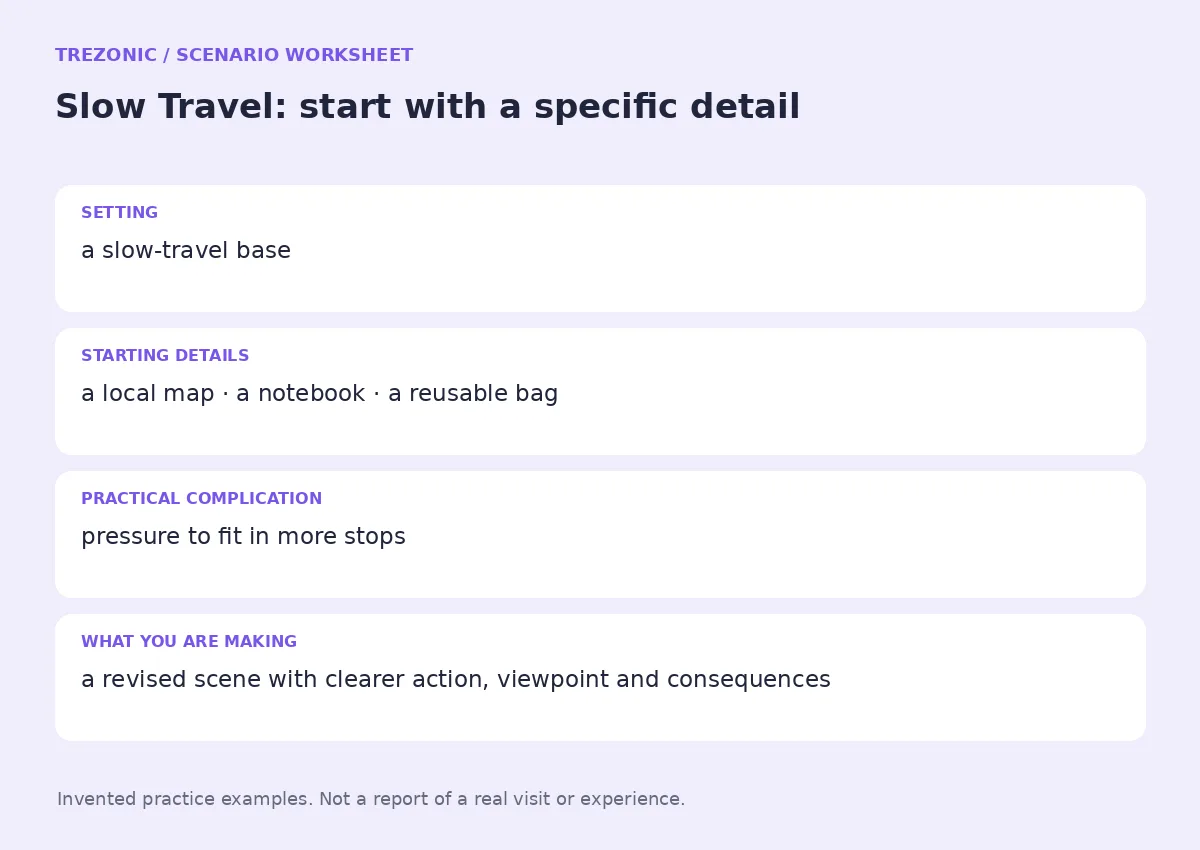 Practice worksheet for Slow Travel: setting, starting details, complication and goal