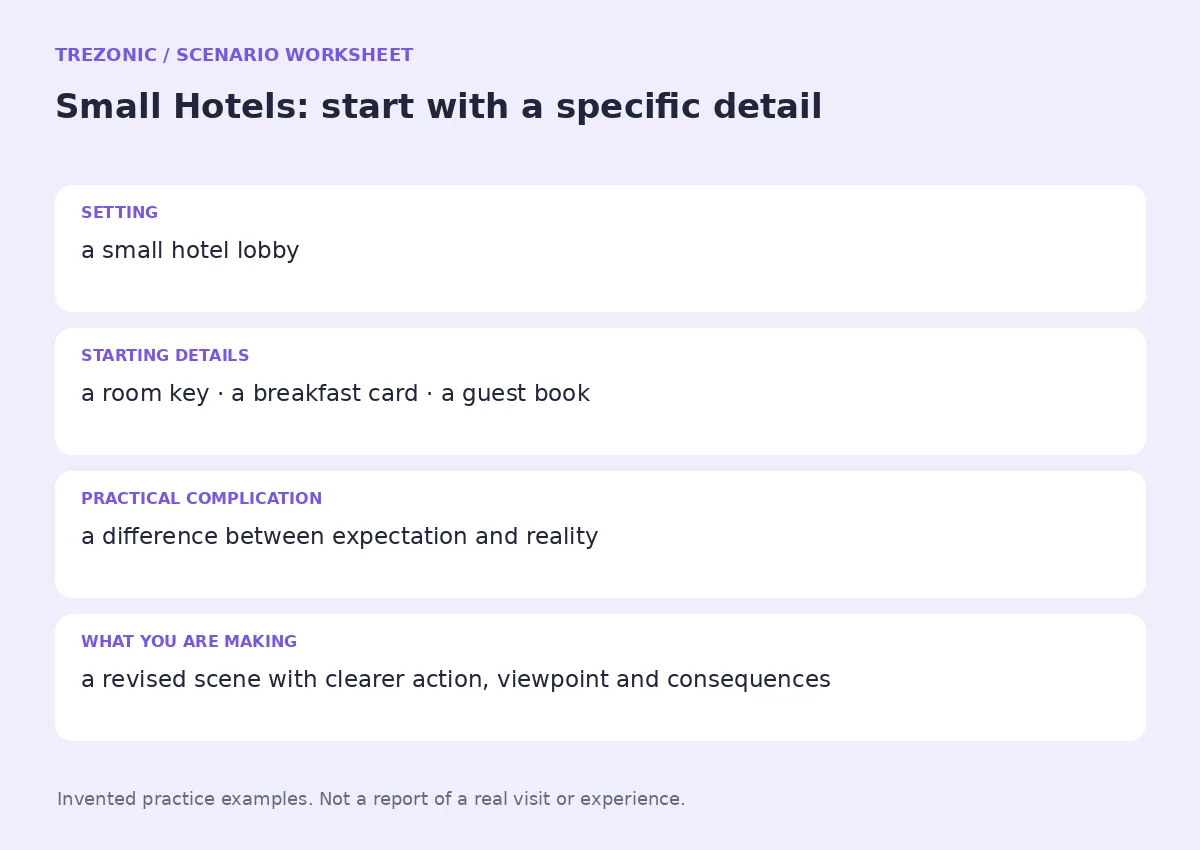 Practice worksheet for Small Hotels: setting, starting details, complication and goal
