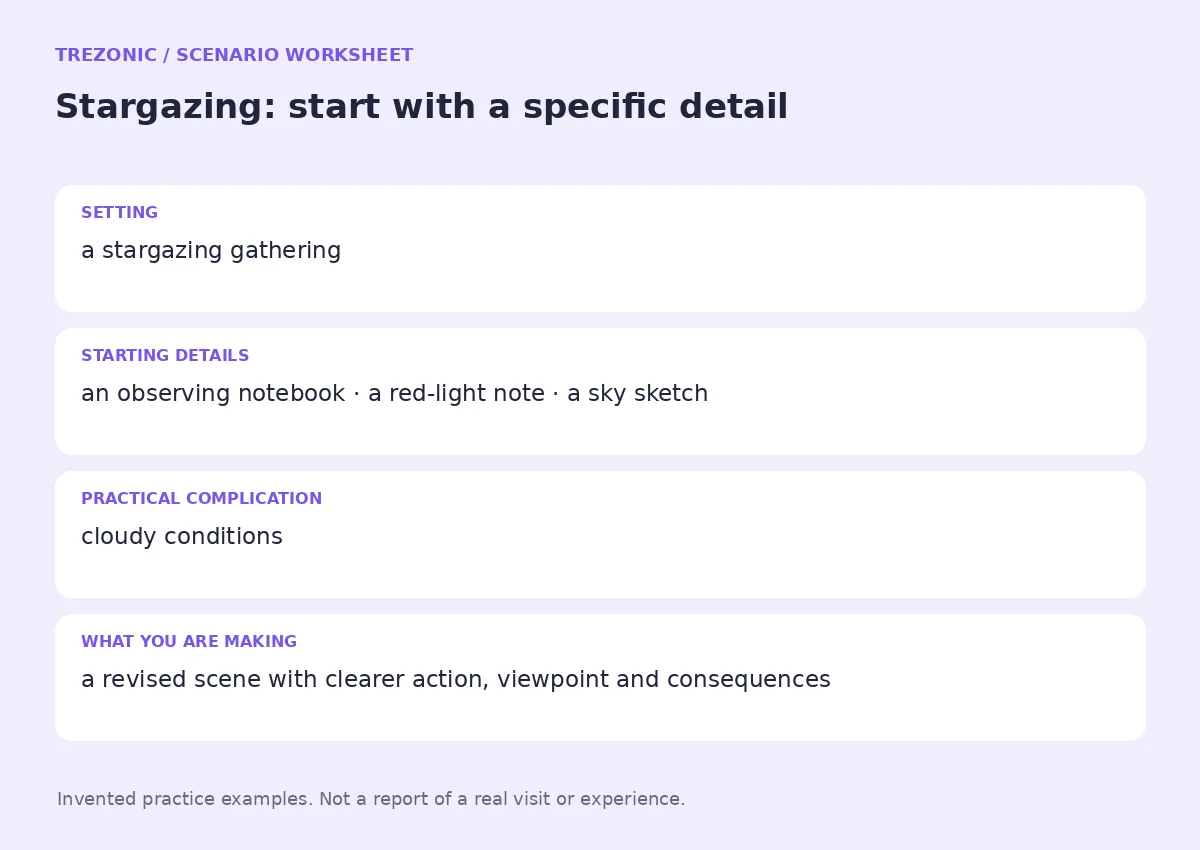 Practice worksheet for Stargazing: setting, starting details, complication and goal