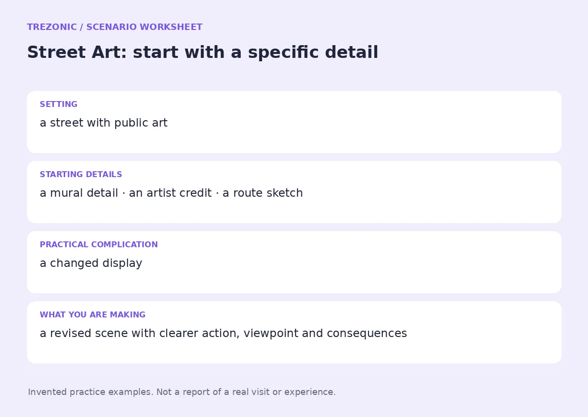 Practice worksheet for Street Art: setting, starting details, complication and goal