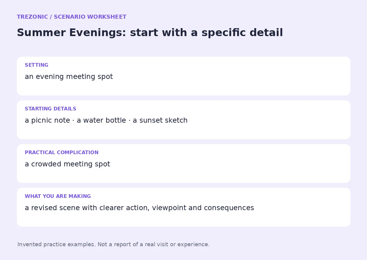 Practice worksheet for Summer Evenings: setting, starting details, complication and goal