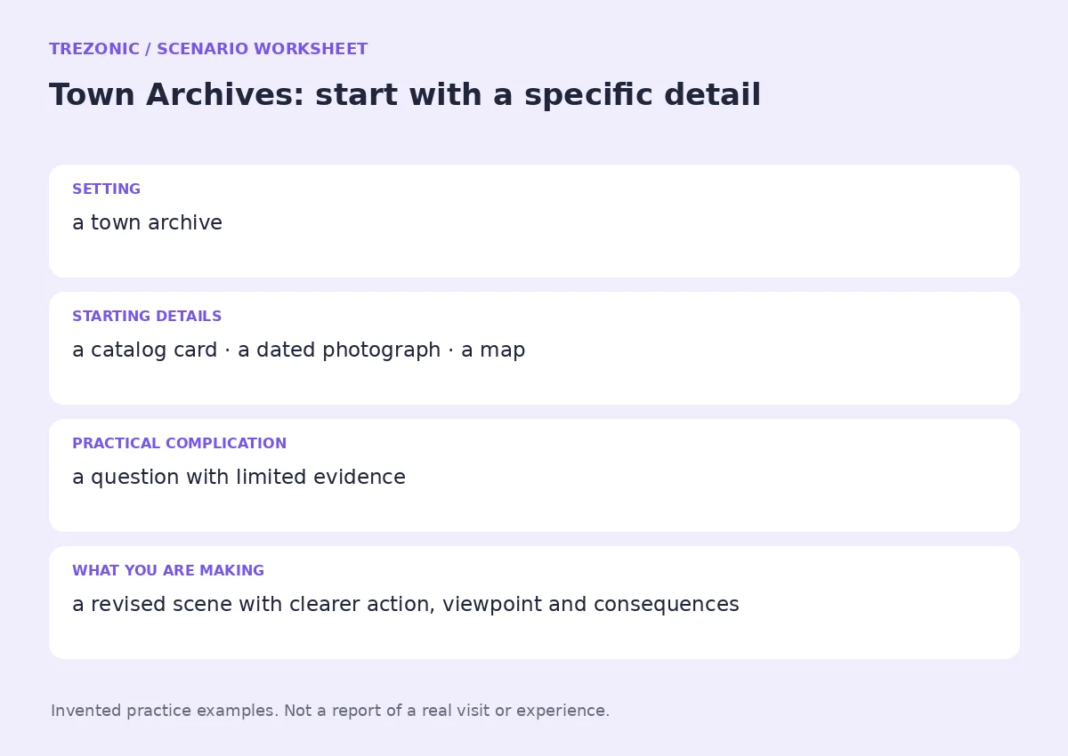 Practice worksheet for Town Archives: setting, starting details, complication and goal