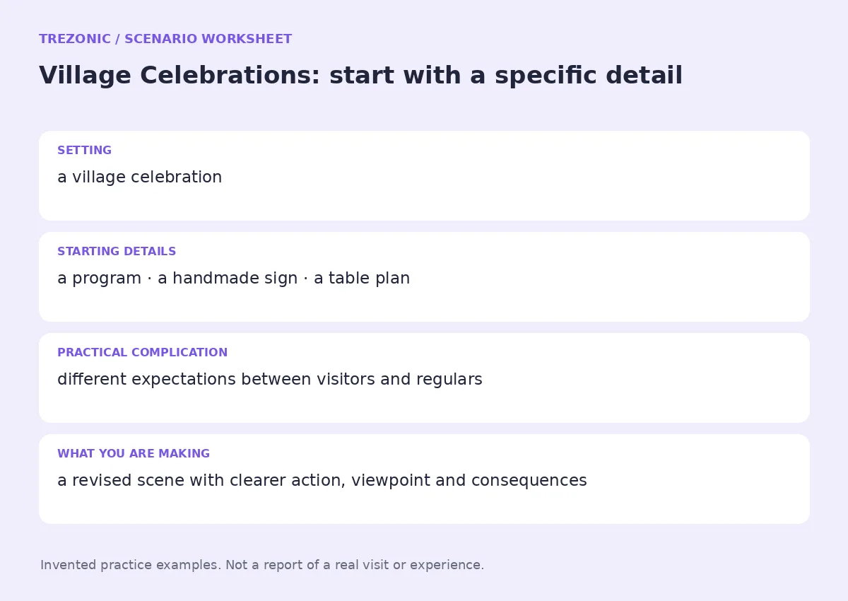 Practice worksheet for Village Celebrations: setting, starting details, complication and goal
