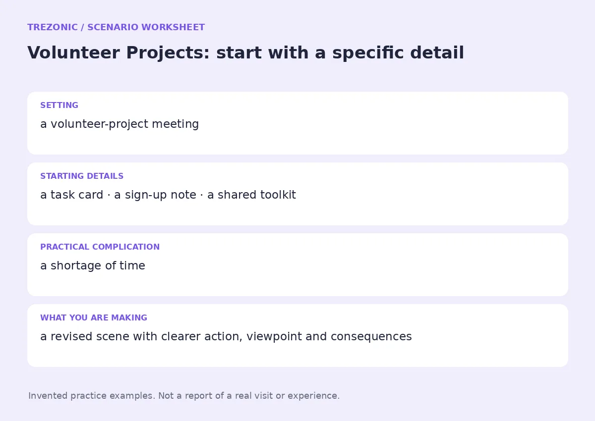 Practice worksheet for Volunteer Projects: setting, starting details, complication and goal