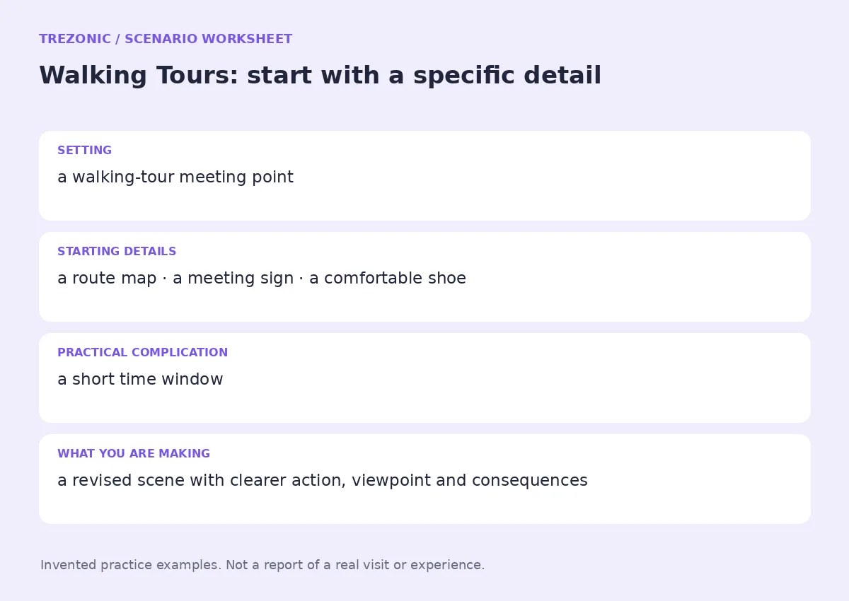 Practice worksheet for Walking Tours: setting, starting details, complication and goal