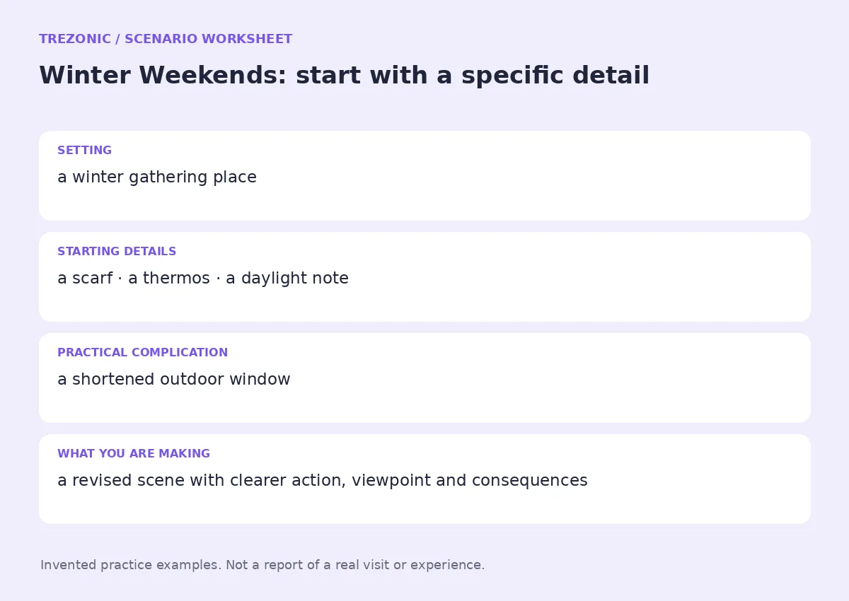 Practice worksheet for Winter Weekends: setting, starting details, complication and goal