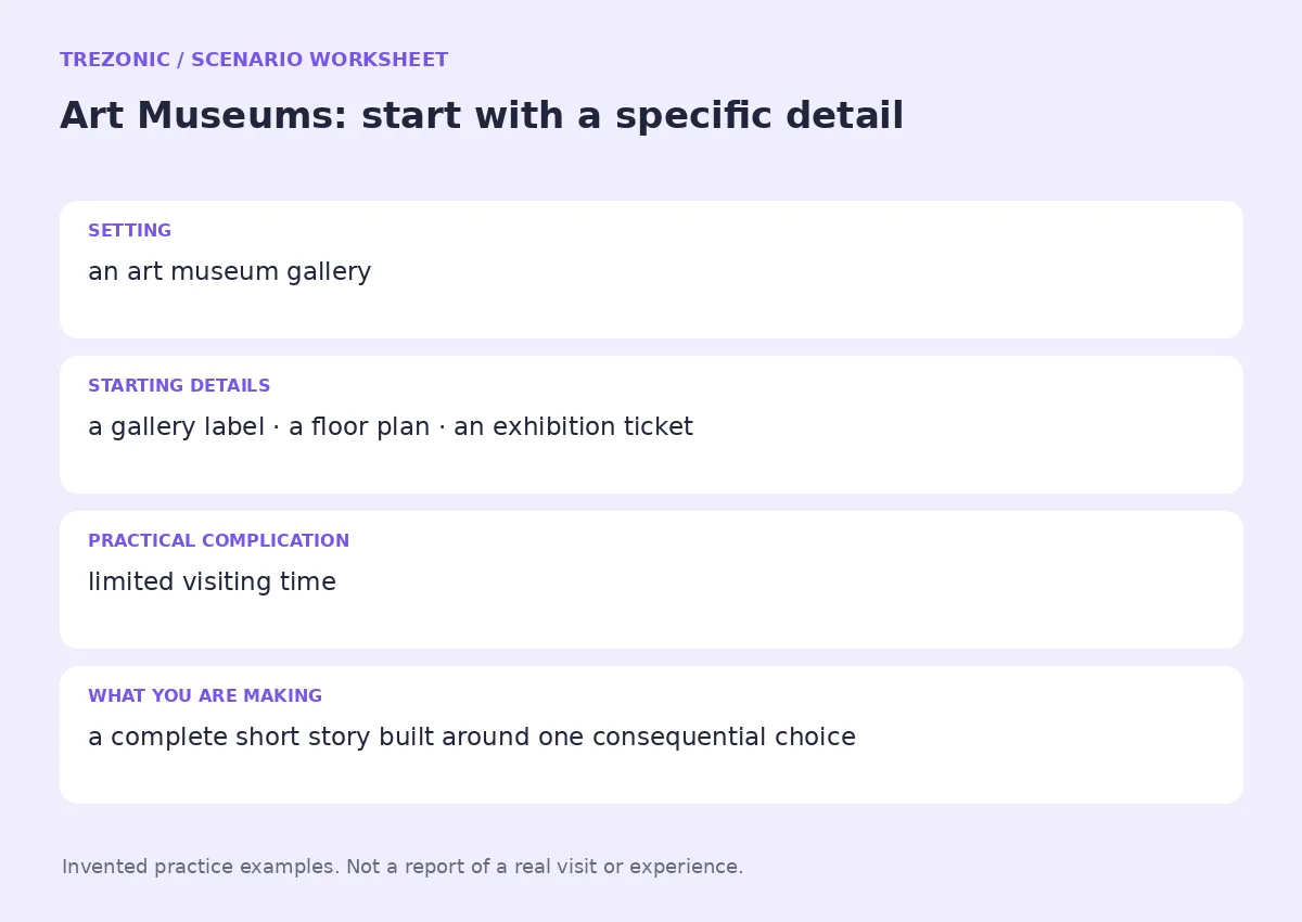 Practice worksheet for Art Museums: setting, starting details, complication and goal