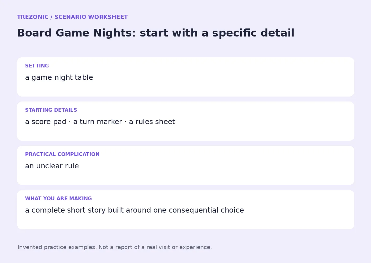 Practice worksheet for Board Game Nights: setting, starting details, complication and goal