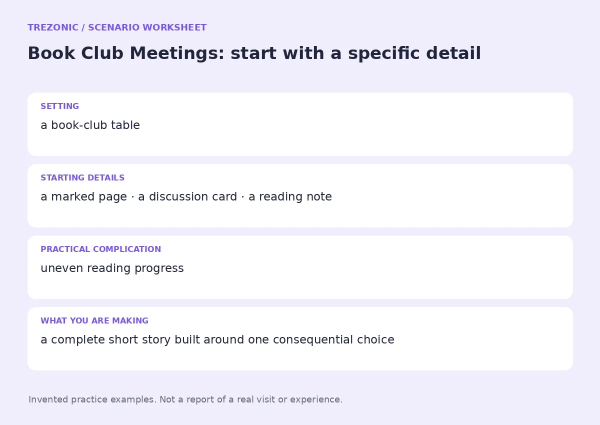 Practice worksheet for Book Club Meetings: setting, starting details, complication and goal