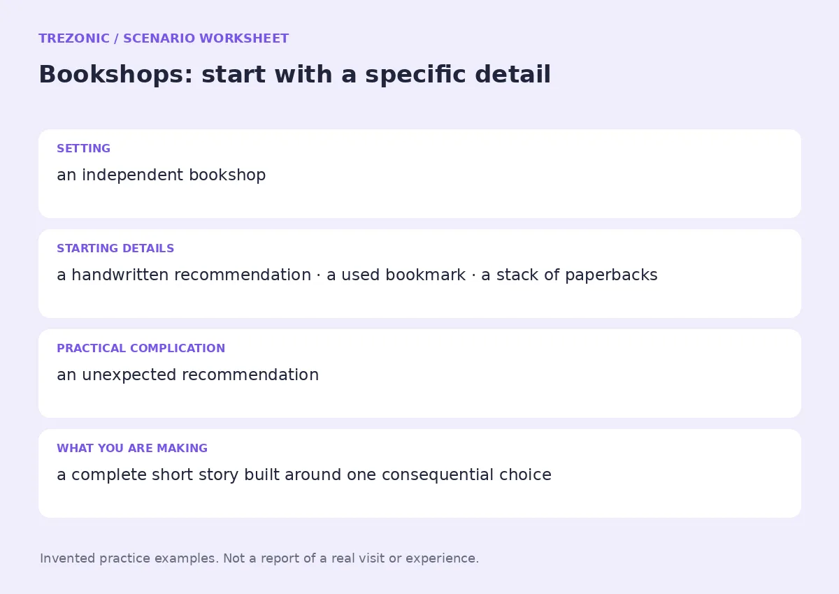 Practice worksheet for Bookshops: setting, starting details, complication and goal