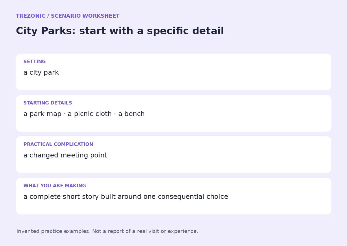 Practice worksheet for City Parks: setting, starting details, complication and goal