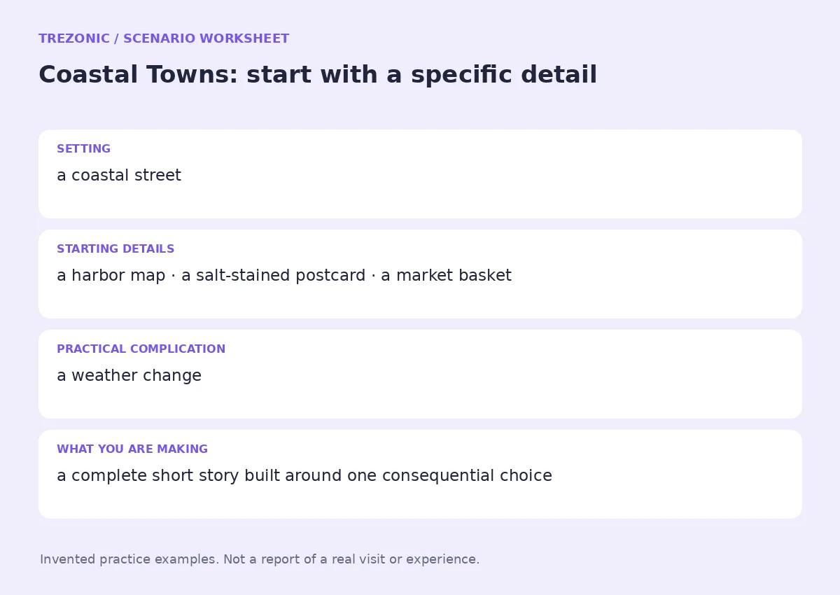 Practice worksheet for Coastal Towns: setting, starting details, complication and goal