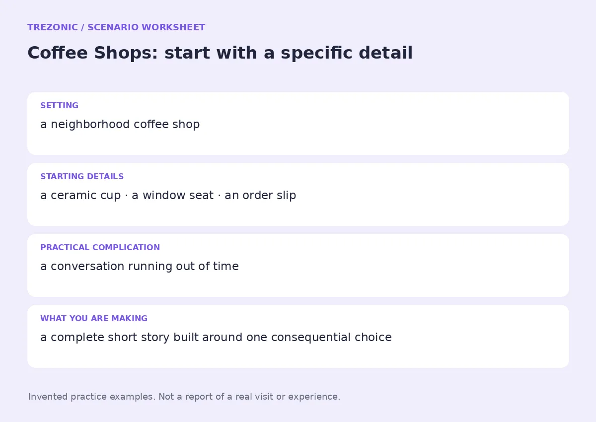 Practice worksheet for Coffee Shops: setting, starting details, complication and goal