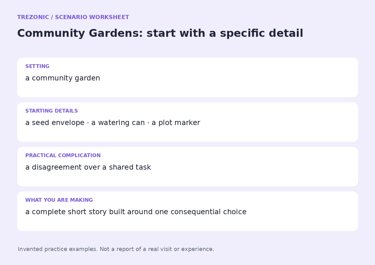 Practice worksheet for Community Gardens: setting, starting details, complication and goal