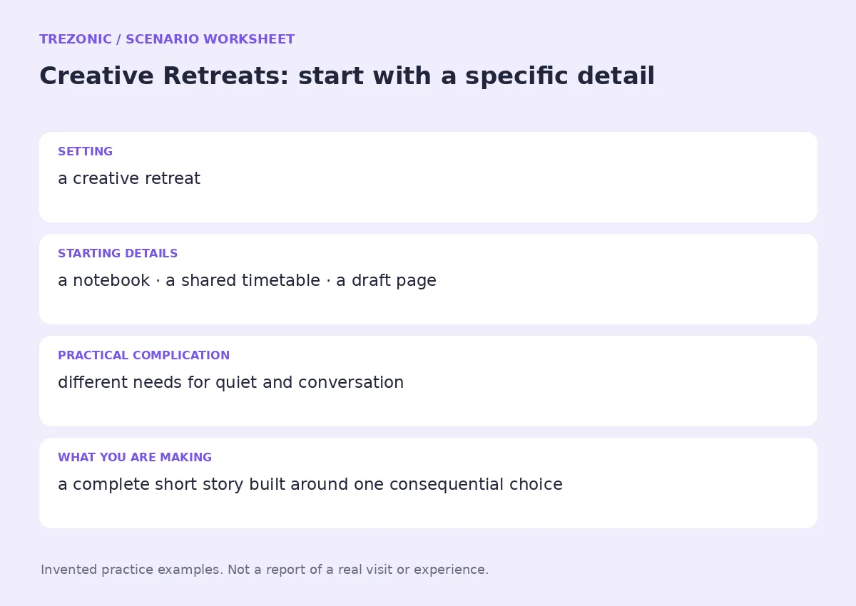 Practice worksheet for Creative Retreats: setting, starting details, complication and goal