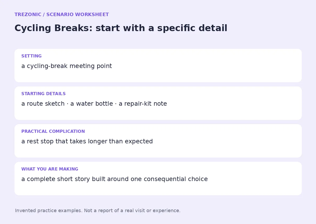 Practice worksheet for Cycling Breaks: setting, starting details, complication and goal