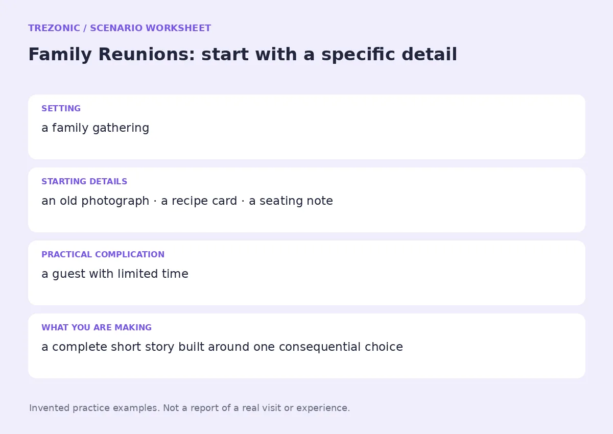 Practice worksheet for Family Reunions: setting, starting details, complication and goal