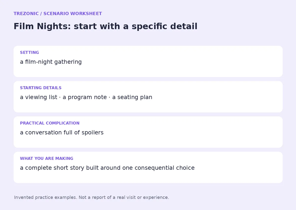 Practice worksheet for Film Nights: setting, starting details, complication and goal