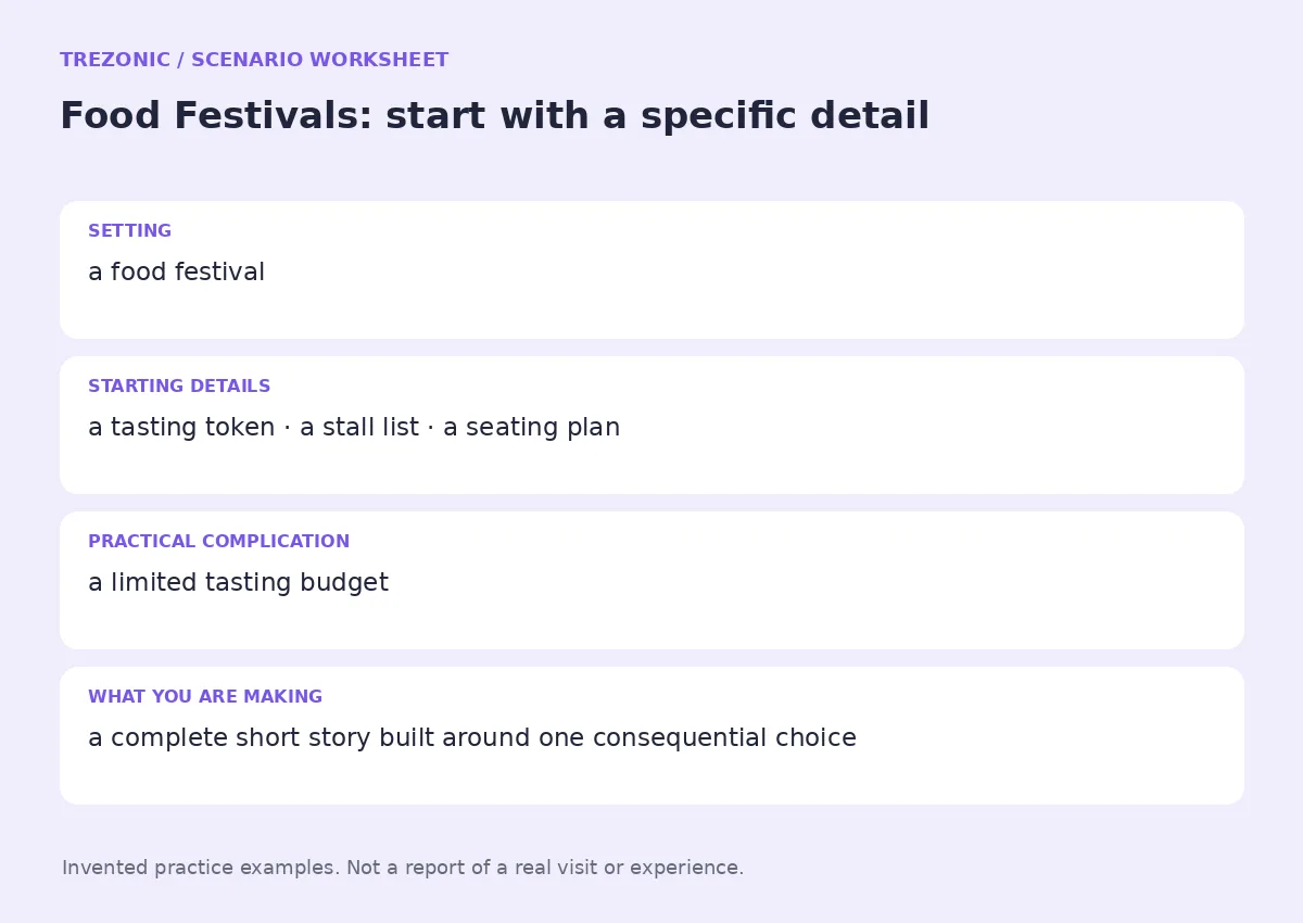 Practice worksheet for Food Festivals: setting, starting details, complication and goal