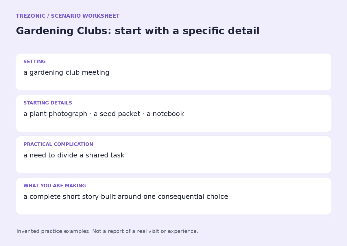 Practice worksheet for Gardening Clubs: setting, starting details, complication and goal