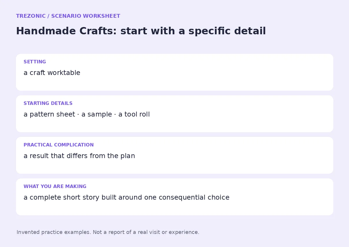 Practice worksheet for Handmade Crafts: setting, starting details, complication and goal