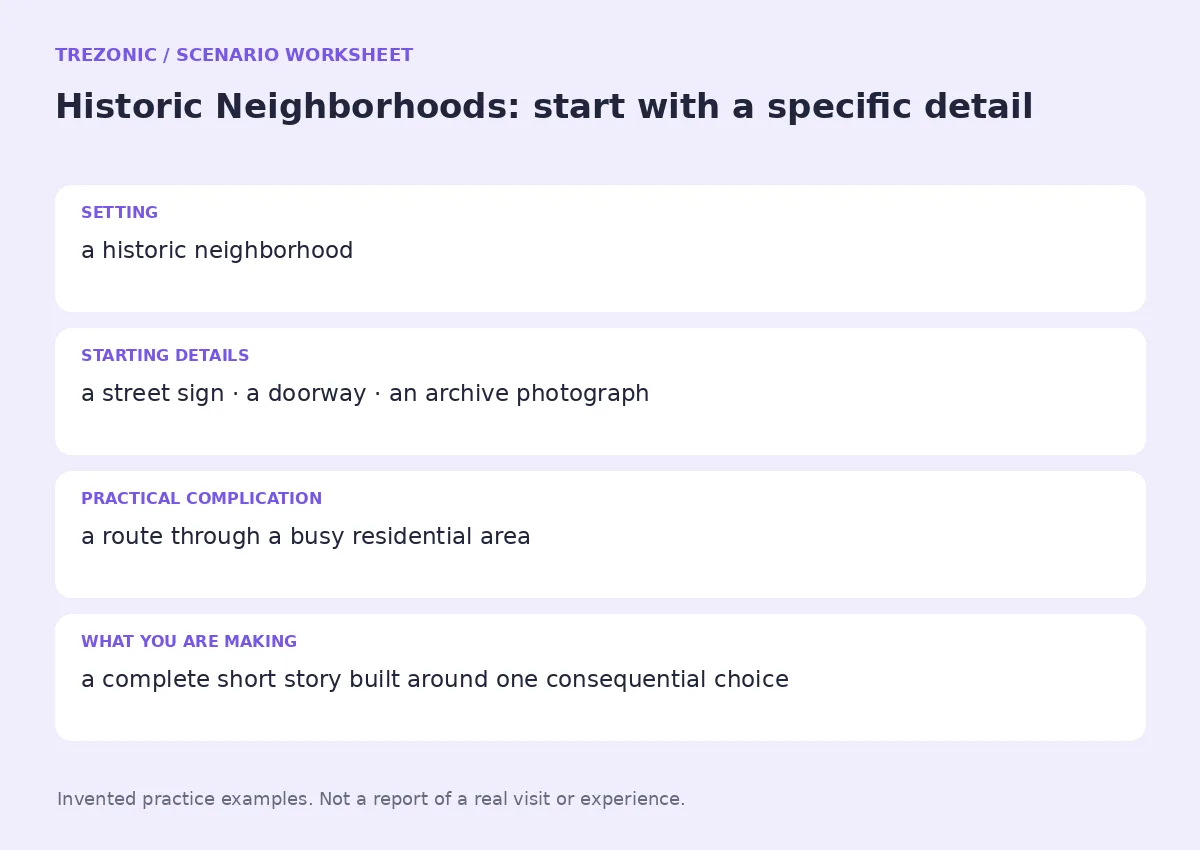 Practice worksheet for Historic Neighborhoods: setting, starting details, complication and goal