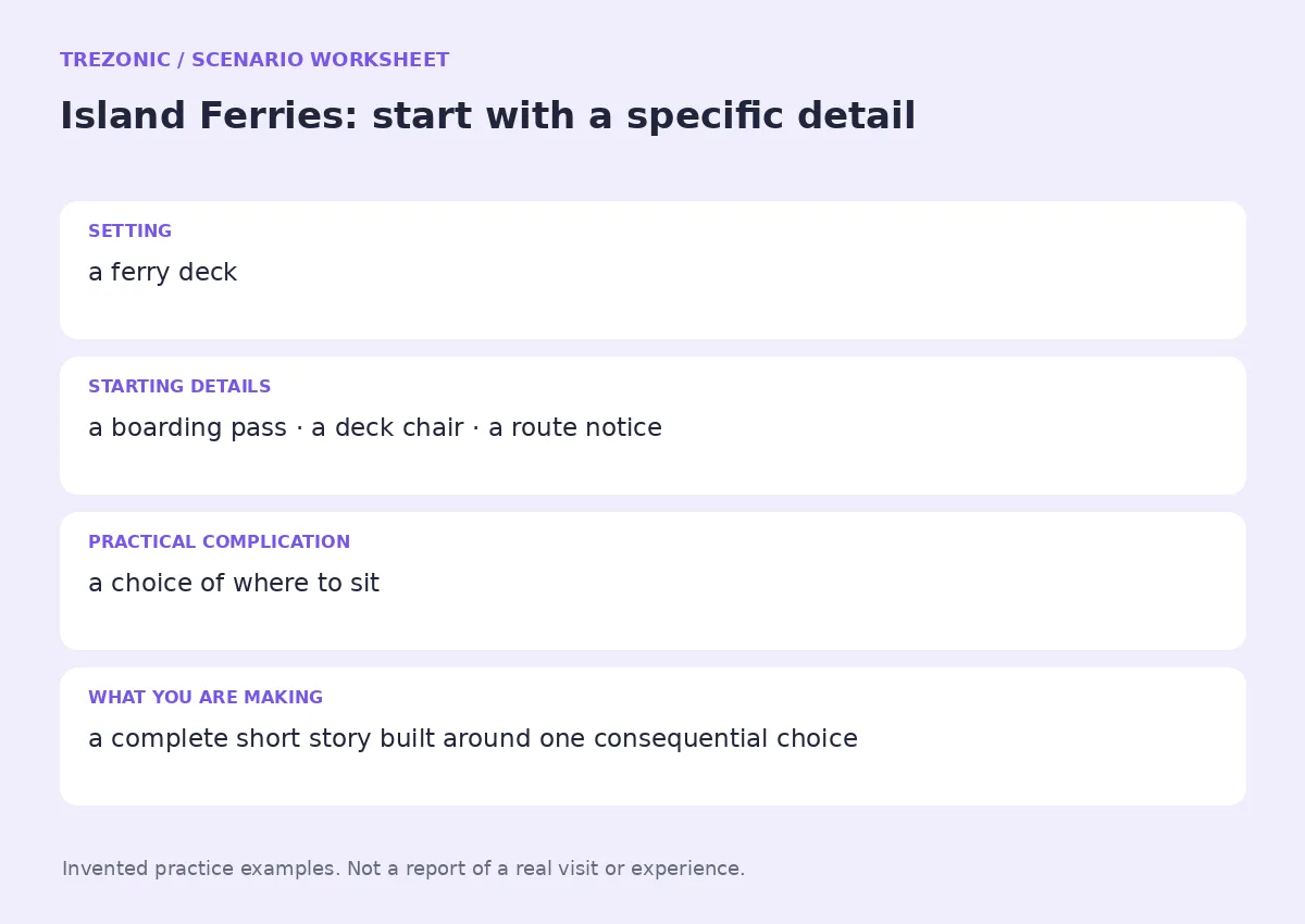 Practice worksheet for Island Ferries: setting, starting details, complication and goal