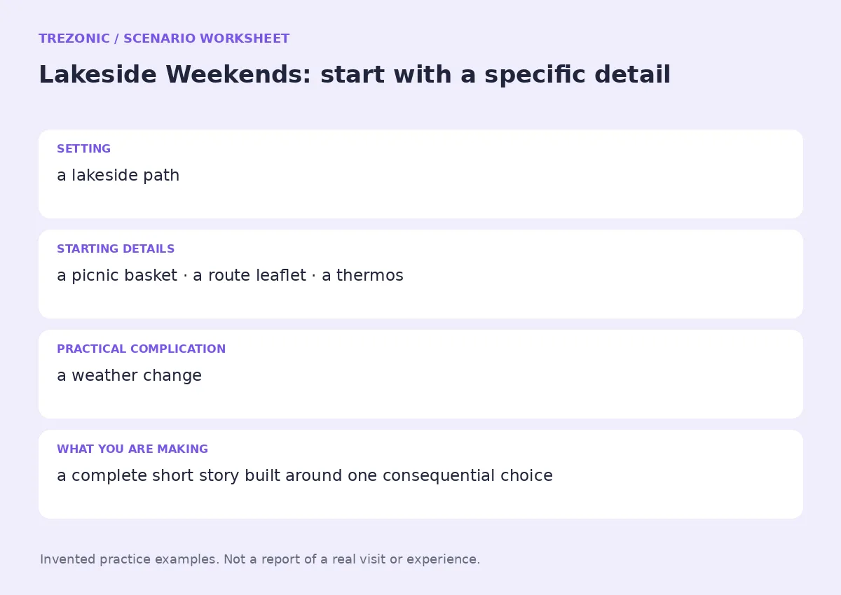 Practice worksheet for Lakeside Weekends: setting, starting details, complication and goal