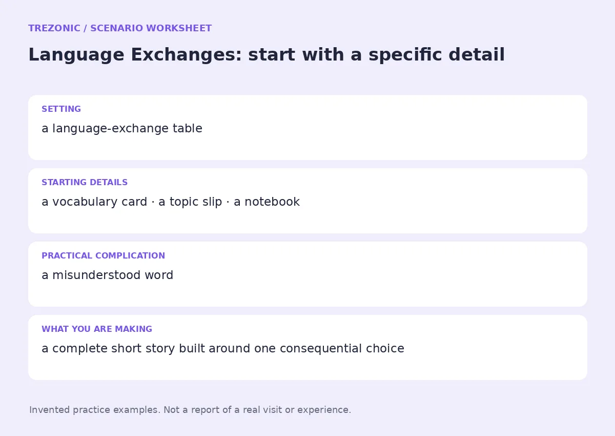 Practice worksheet for Language Exchanges: setting, starting details, complication and goal