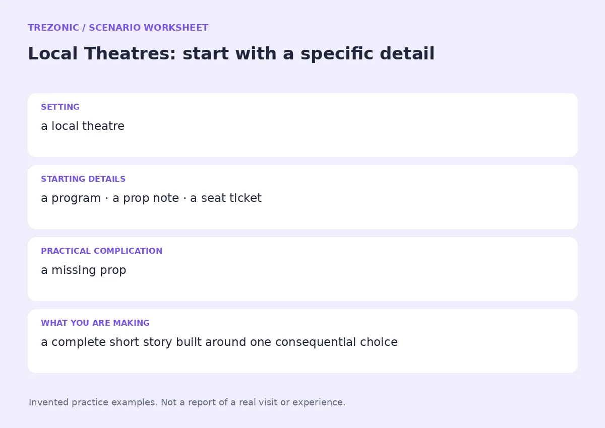 Practice worksheet for Local Theatres: setting, starting details, complication and goal