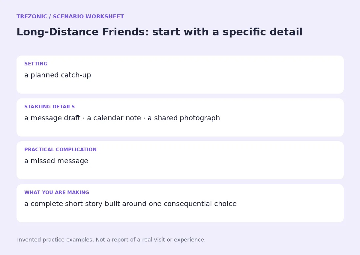 Practice worksheet for Long-Distance Friends: setting, starting details, complication and goal